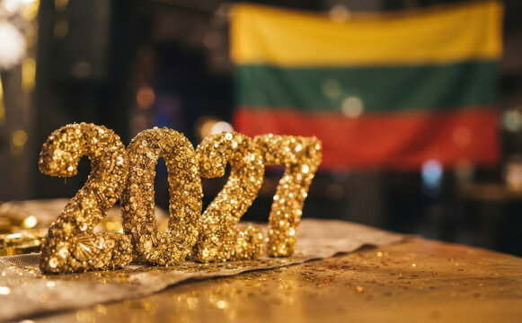 Happy New Year 2027 gold glitter numbers celebration with a Lithuanian flag background