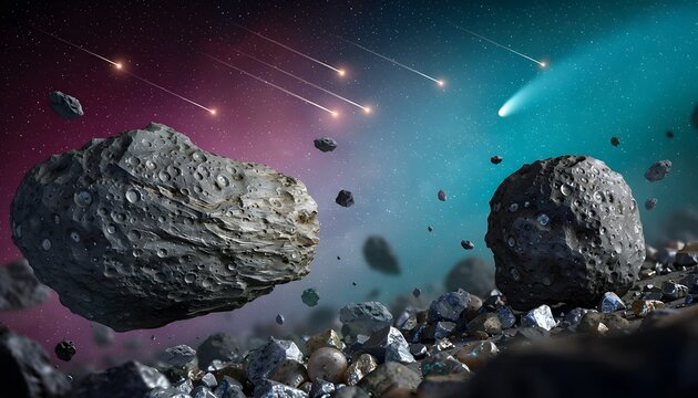 Asteroid field in deep space with meteor shower and glowing comet tail background