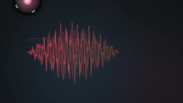 Abstract digital animation of a biometric filtration system analyzing a red audio waveform to detect synthetic voice and blocking a deepfake audio threat with futuristic interface text overlays