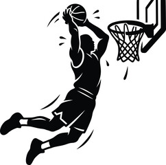 Basketball player executing powerful slam dunk action vector illustration. © ROFIQUL
