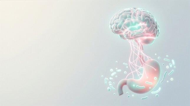 Futuristic illustration of brain and stomach connection with glowing nerves