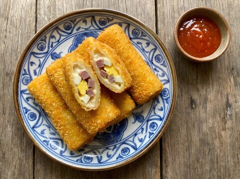 Overhead View of Crispy Indonesian Risol Mayo with Egg and Smoked Beef