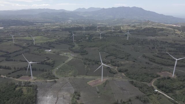 Aereal drone view of san antonio wind farm in santa elena barillas guatemala