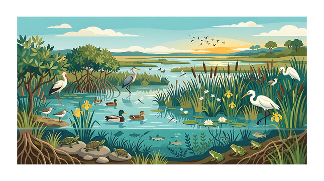 Vector illustration of a vibrant wetland ecosystem with diverse wildlife