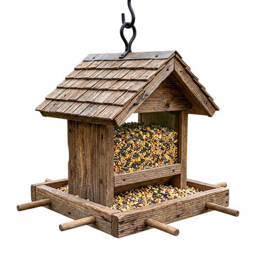 Wooden bird feeder filled with seeds hanging outdoors on transparent background