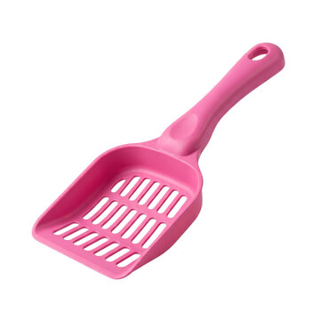 Pink plastic scoop with slotted design for easy handling on transparent background