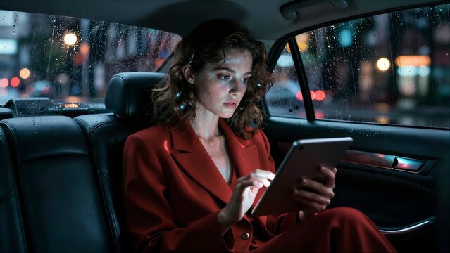 Rainy night, woman in red coat uses tablet in car, city lights blurred through wet windows.