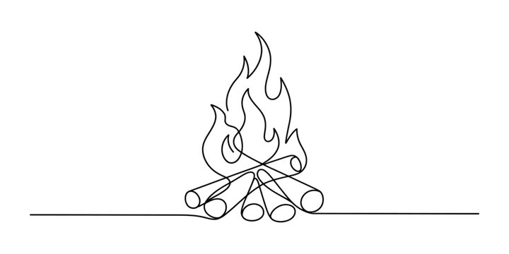 Continuous single line drawing of a campfire with burning logs and dancing flames