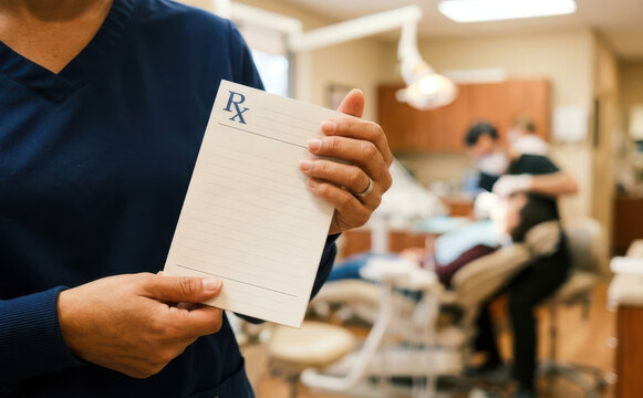 Dental professional holding prescription pad in clinic office for medical treatment concept