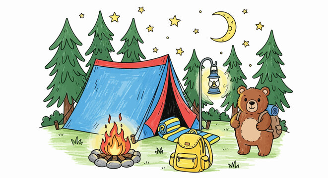Bear camping outdoors with tent and campfire at night