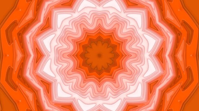 A mesmerizing symmetrical pattern unfolds from the center with vibrant orange layers transitioning to lighter shades of peach and white