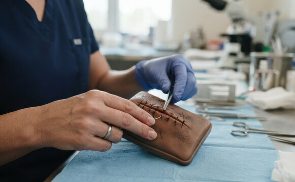 Female medical student practicing surgical suturing skills on a synthetic skin pad with medical instruments
