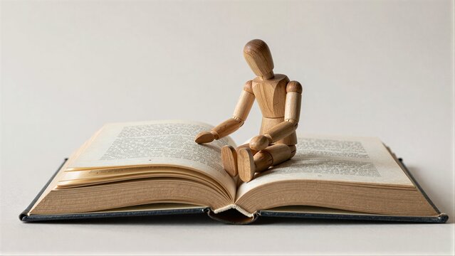 Wooden figure sits atop open book, symbolizing learning and knowledge.