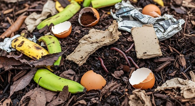 Close up of organic food waste in a composting bin with recycling, environment
