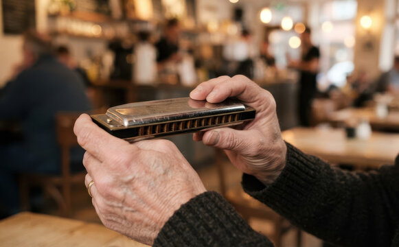 Elderly man holding a harmonica in a cafe close up shot representing musical hobbies and retirement lifestyle