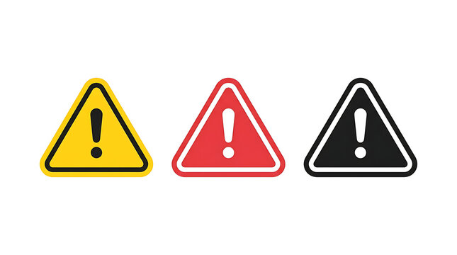 Warning symbols in yellow, red, and black triangle shapes with exclamation marks for safety alerts