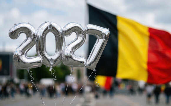 Silver 2027 balloons with a Belgian flag background representing upcoming future events and national celebrations