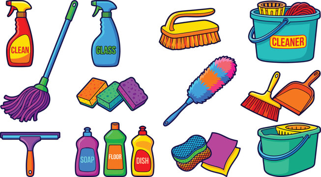 House Cleaning Supplies and Equipment Vector Icon Set with Spray Bottles, Mop, Bucket, Squeegee, Sponges, and Duster for Janitorial Service Designs