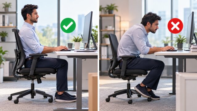 Man demonstrating proper sitting posture at an office desk with a computer for ergonomic health.