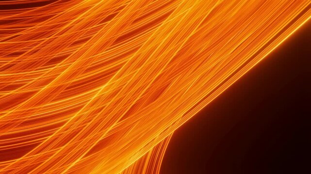 Glowing orange light strands sweep diagonally across dark background, bending into layered curves while dense luminous lines shift subtly around an open shadowed area