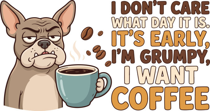 Grumpy Bulldog Coffee Lover Funny Quote Vector Illustration &ndash; I Don't Care What Day It Is, It's Early, I'm Grumpy, I Want Coffee