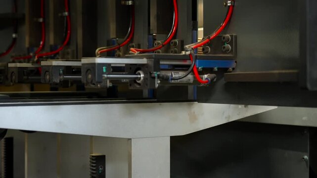 Industrial machine handling stacked sheets in dark automated equipment with red cables, metal brackets, and mechanical precision actuator parts in close side view