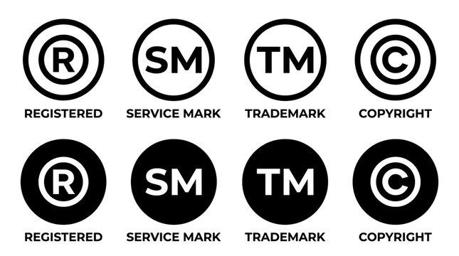 Set of official intellectual property symbols including registered trademark, service mark, and copyright icons with labels