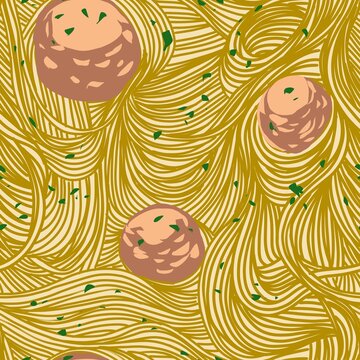 Spaghetti with Meatballs Seamless Pattern Illustration