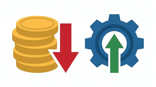 Cost reduction and efficiency increase business concept with coin stack, down arrow, gear, and up arrow icons representing financial optimization