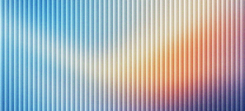 Abstract corrugated metal texture with vertical lines. Industrial ribbed steel surface with blue and orange gradient lighting. Modern metallic background for architectural design projects.