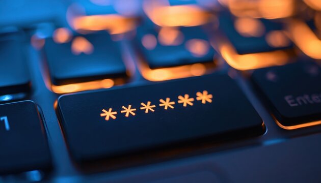 Password security concept with glowing orange asterisks on a computer keyboard for digital login data protection