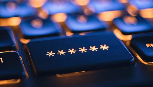 Password entry on a backlit keyboard with asterisk symbols for digital security login and private data protection