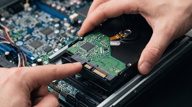 Technician Hands Installing Hard Drive Disk into Computer Motherboard for Data Storage