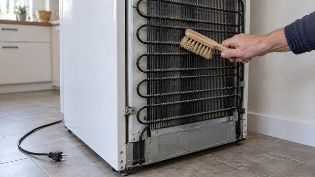 Hand brushing dust from refrigerator condenser coils
