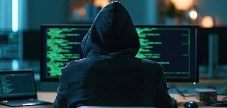 Hacker in a hoodie coding on computer monitors for cyber security and digital programming in a dark office network