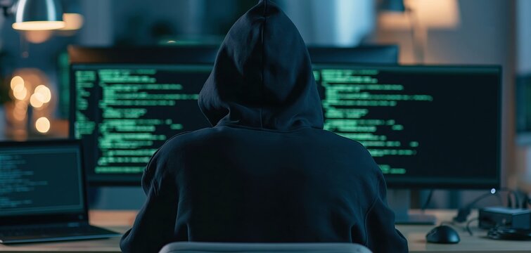 Hacker working on digital computer screens with software coding for cybersecurity and network data security threat