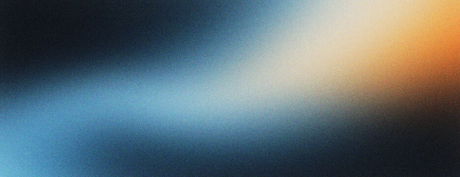 Abstract grainy gradient background with soft blue and orange light leaks. Cinematic film grain texture with blurry ethereal glow. Dark atmospheric wallpaper for creative digital marketing.