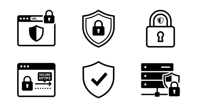 Digital Security Icon Set Illustrating Website Protection, Data Privacy, and Secure Online Connections