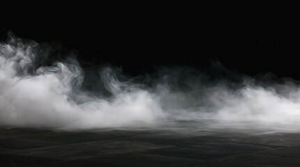 Obraz premium Smoke and fog overlay effect with abstract mist steam haze vapor cloud texture on a dark black atmospheric background