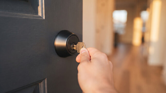 Key turning in new house door lock new home beginning moving concept close up - hand opening the door
