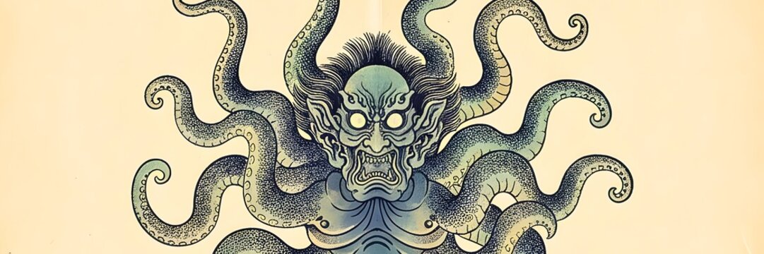 Japanese style demon monster creature with octopus tentacles, traditional ukiyoe style illustration vector artwork