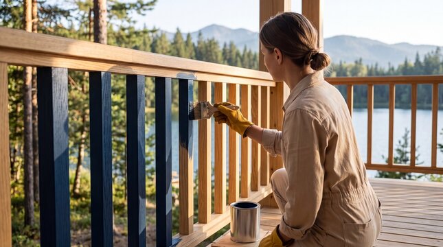 Woman wearing protective gloves paints a wooden deck railing blue at a scenic lakeside cabin surrounded by forest and mountains.
