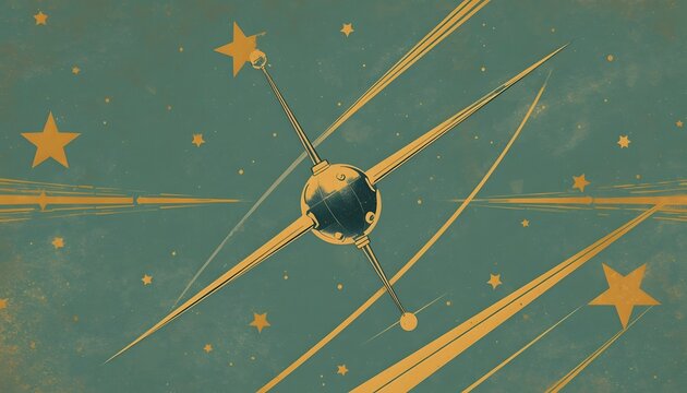 Sputnik satellite vector illustration in 1950s atompunk space style