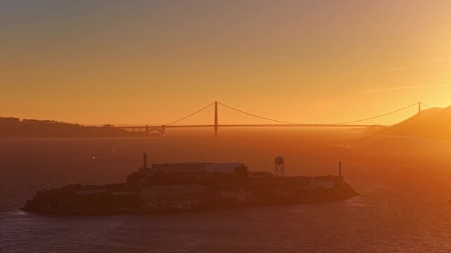 Alcatraz Island In Warm Orange Sunset Light