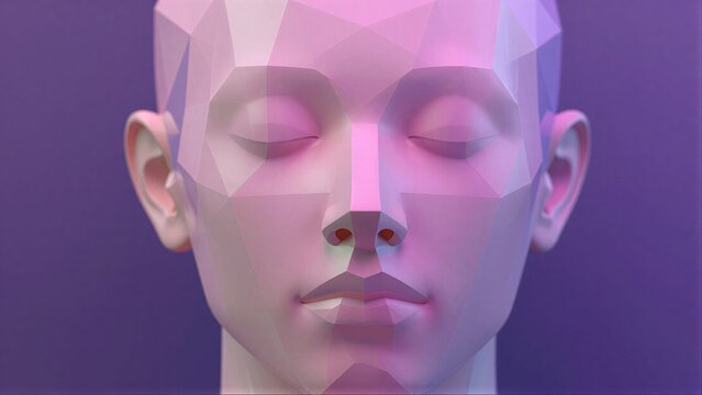 Geometric face sculpture with soft pink and purple lighting, serene expression.