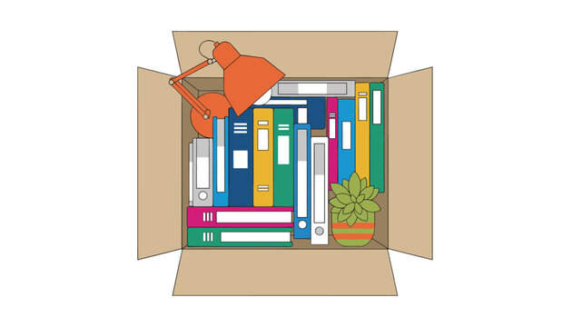 Cardboard box filled with colorful file folders, a desk lamp, and a potted plant for moving office or decluttering workspace.