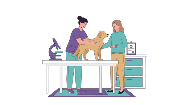 Veterinarian carefully examining a dog on a medical table in a clinic with professional tools to highlight animal health and veterinary care services.