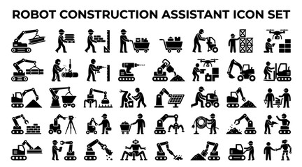 Fototapeta premium Set of construction robot and worker icons depicting automated machinery and industrial labor tasks