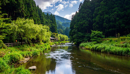 Fototapeta premium 青空と雲の下で緑の木々と山並みが水面に映える川辺の橋と柵のある風景写真