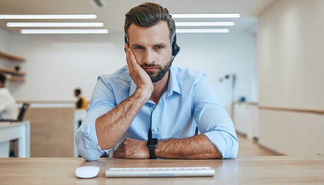 Tired call center operator with headset resting chin on hand in bright office